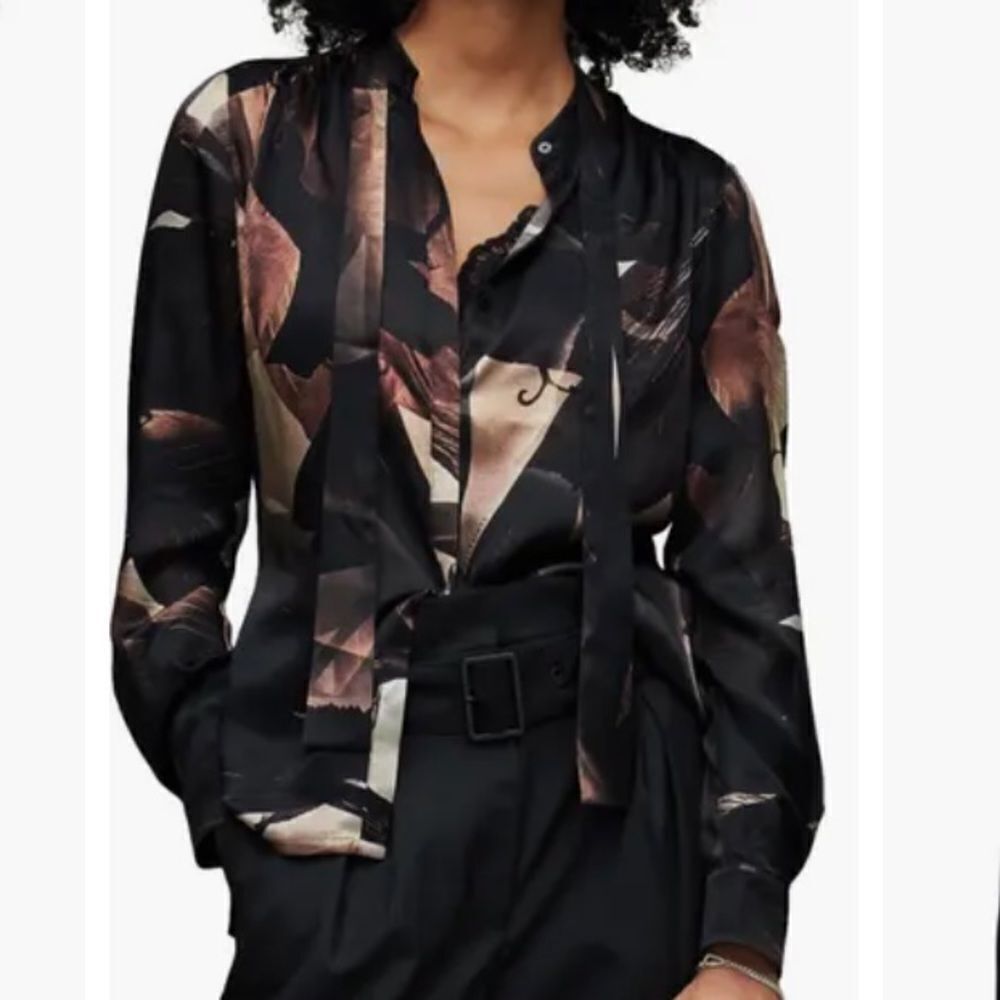 All Saints Black Satin Abstract Floral Tie-Neck Blouse with Bronze Accents - Picture 11 of 16